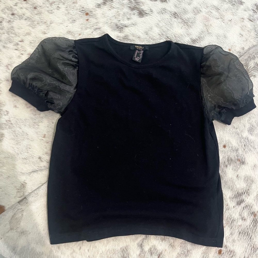 Forever 21 Kids Black Top with Sheer Puff Sleeves